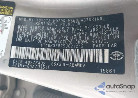 2005 Toyota Avalon Xl z USA, uszkodzony, nr VIN 4T1BK36B75U021212